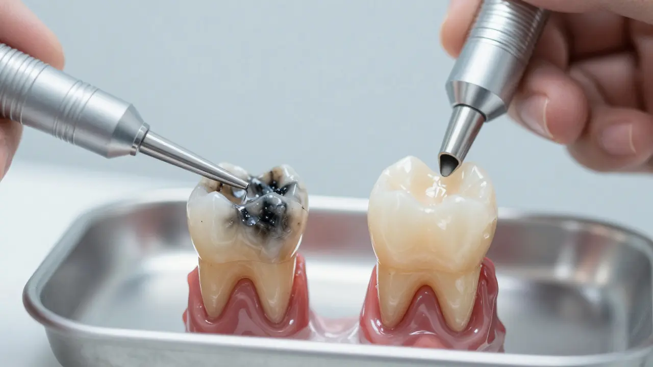 Srovnání zubu s černým kamenem a čistého zubu na zubním nářadí.