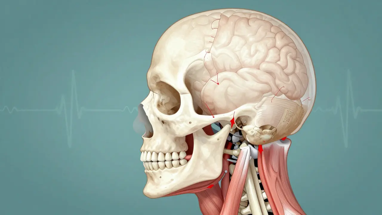 Struktura lebky s vyznačenými svaly čelisti a napětím přenášeným z mozku.