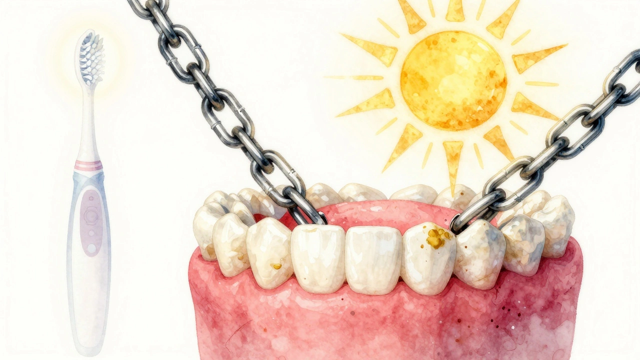 Symbolický obraz člověka, který se uvolňuje od zubního plaku a získává sebevědomí.