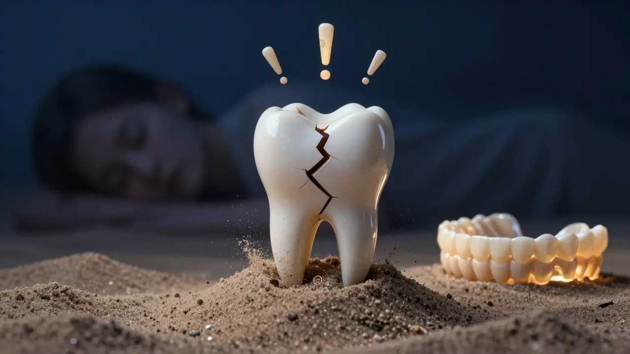 Trhnutý zub se mění v písek tvaru symbolů stresu, za ním zubní štít září.