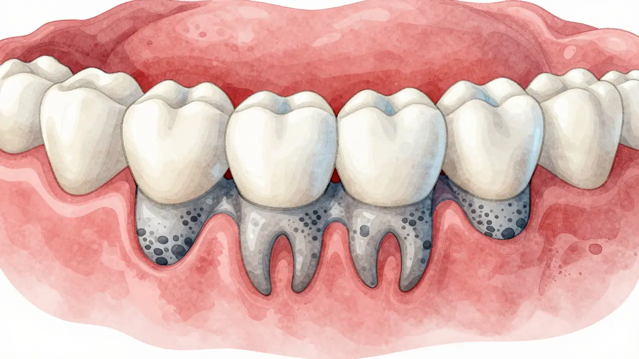 Umělecké znázornění zubního kamene pod dásní jako hrubé šedivé vrstvy na zubu.