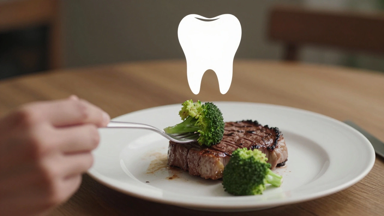 Viditelná prázdná mezera tam, kde byl zub, zatímco jídlo je znovu možné jíst.