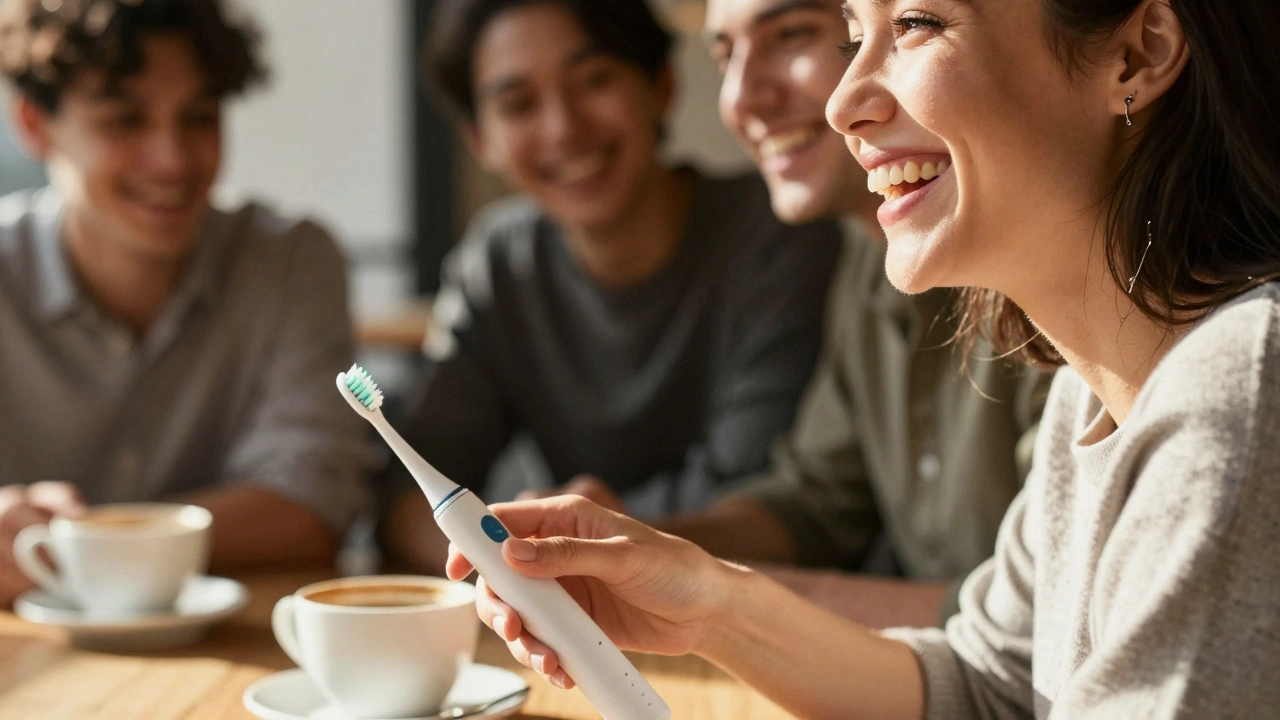 Žena se směje s přáteli v kavárně, její úsměv je otevřený a přirozený.