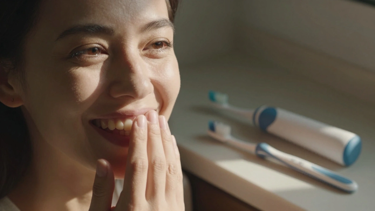 Žena se volně usmívá, její zuby jsou čisté a září ve světle.