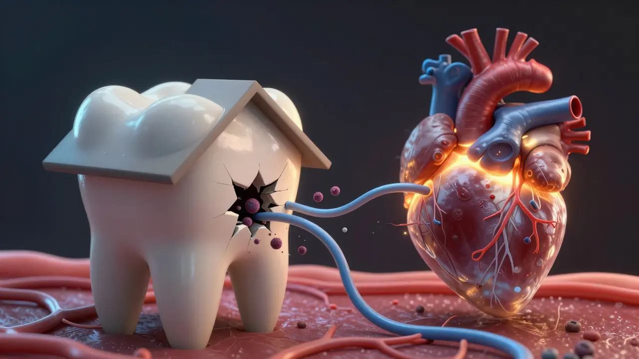 Zub jako dům s trhlinou, z níž se šíří bakterie do krevního oběhu.