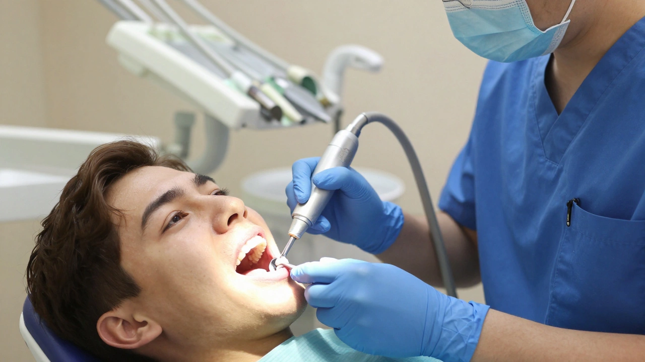 Zubní hygienička odstraňuje kámen ultrazvukovým nástrojem.