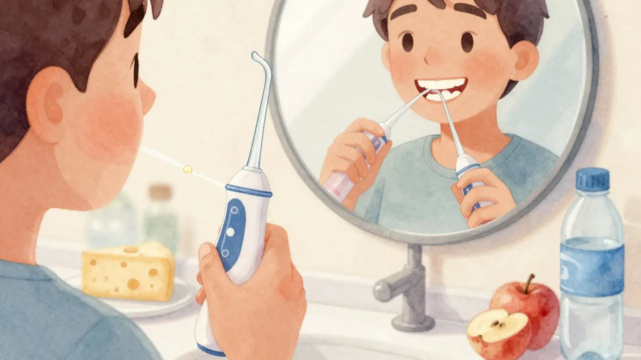 Člověk používá vodní proud k čištění mezer mezi zuby.