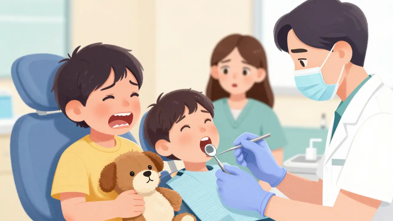 Dítě s poškozeným předním zubem a dentista ho vyšetřuje v klidné ordinaci.