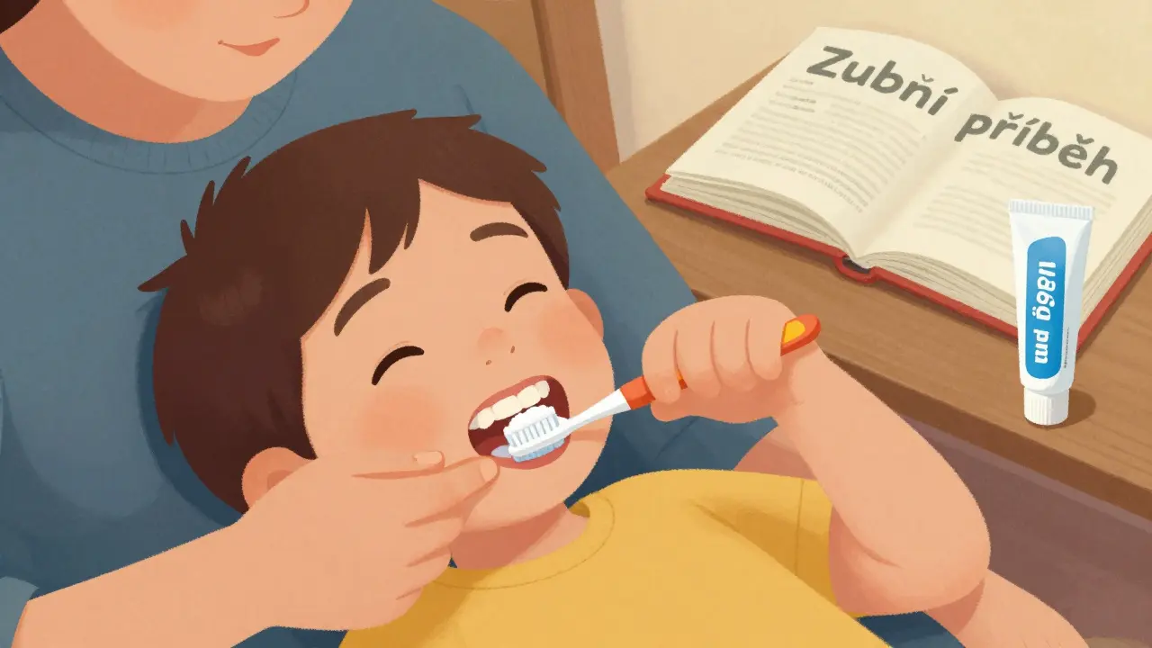 Dítě si nechává čistit zuby od rodiče večer, při světle knížky o zubech.