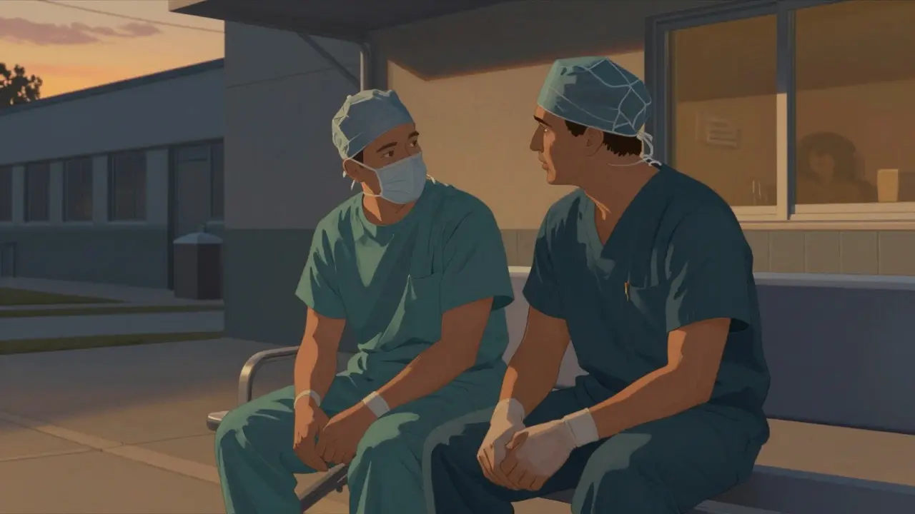 Dva chirurgové sedí na lavičce venku, jeden tiše mluví k druhému.