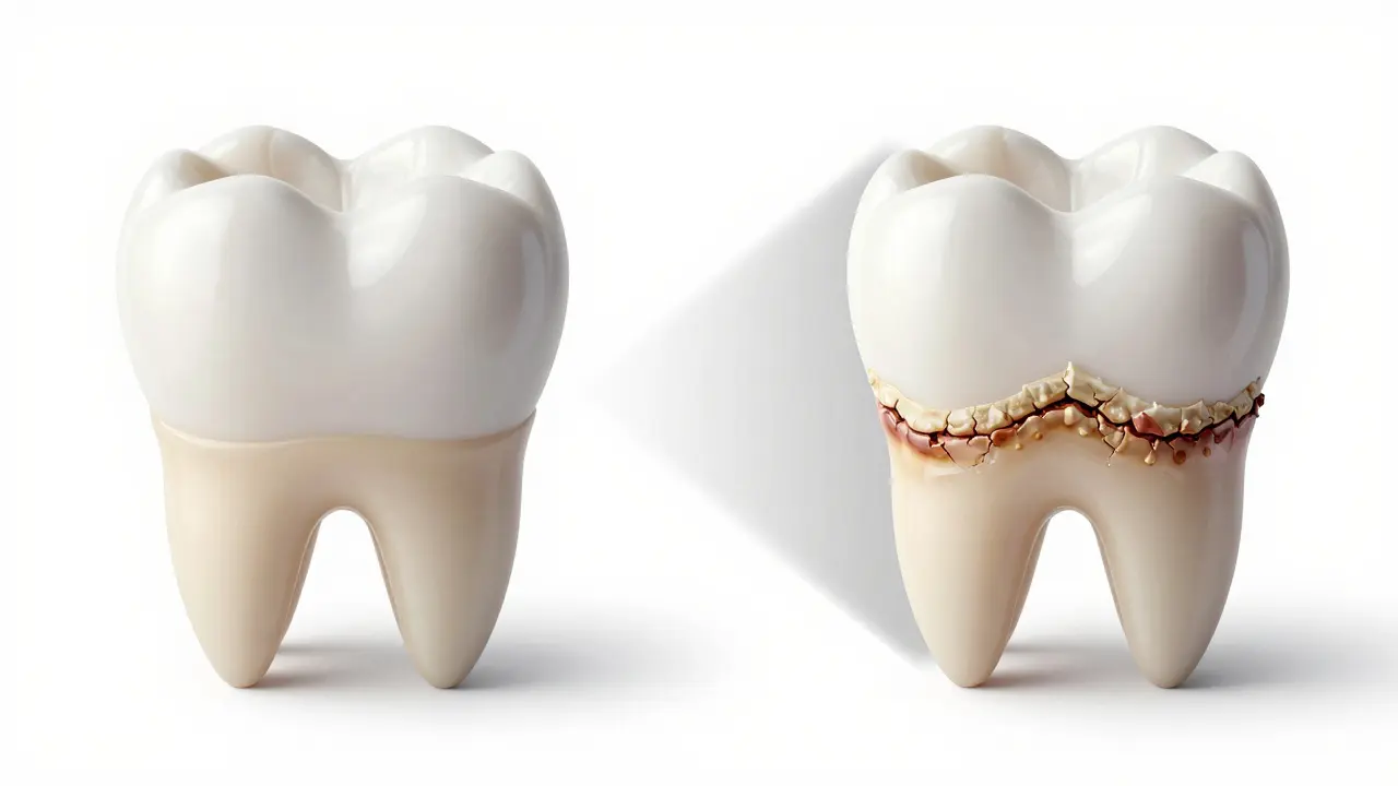 Dvě strany zubu: hladká bílá plomba vlevo a hrubý kámen vpravo.