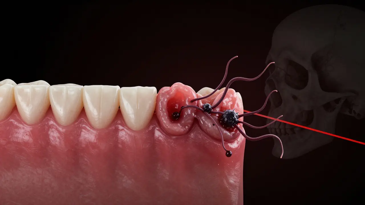 Dvoučelný obraz: zdravá dásň vlevo a infikovaná s hnisem a bakteriemi vpravo.