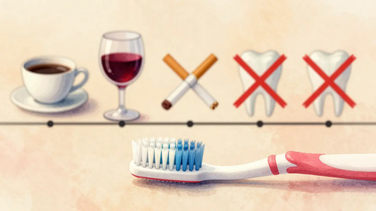 Ilustrace jemného kartáčku a zakázaných věcí po hygieně v časové osě.