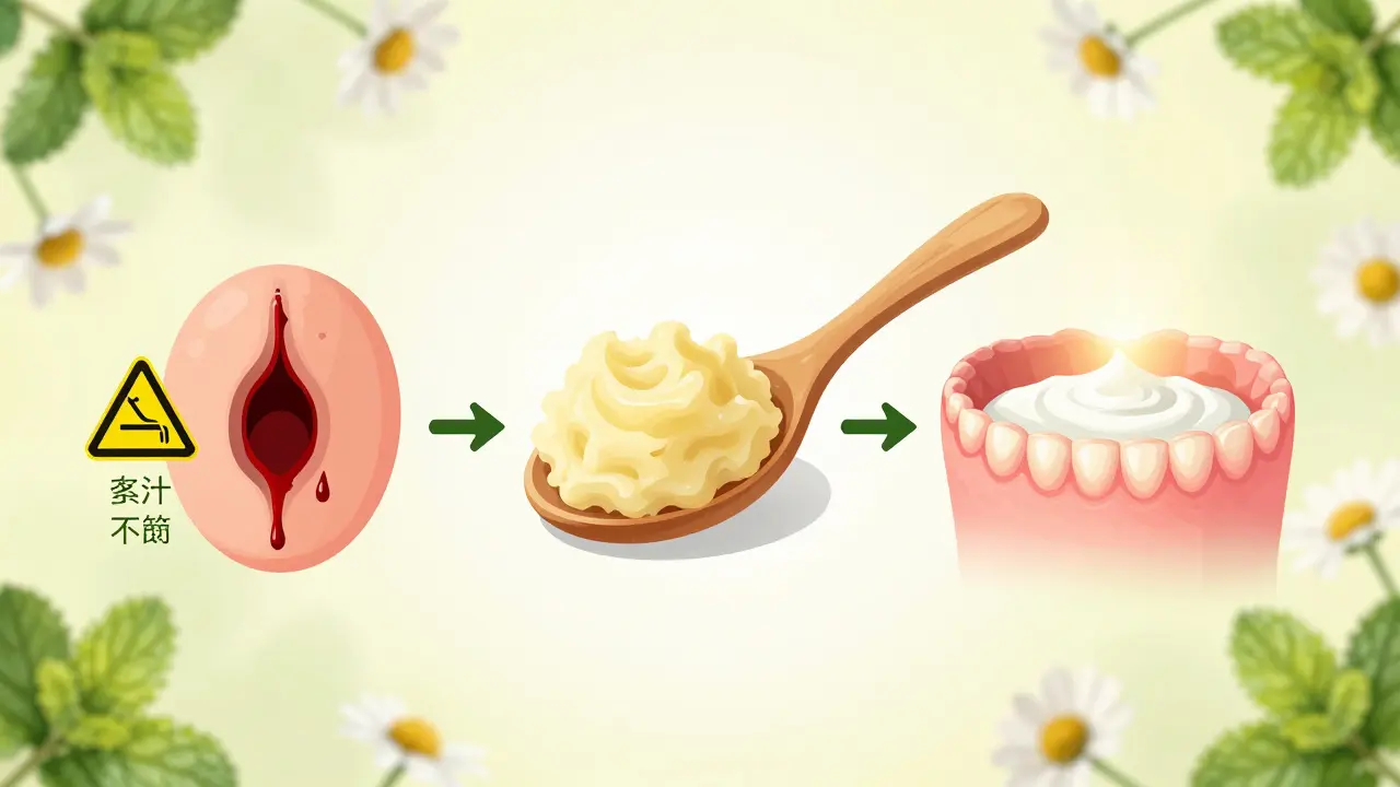 Ilustrace postupného hojení po vytažení zubu: od zakázaných potravin k měkkému jídlu a zahojeným dásním.