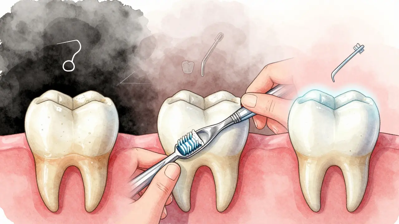 Ilustrace procesu dentální hygieny: od zubního kamene přes čištění k ochraně fluoridem.