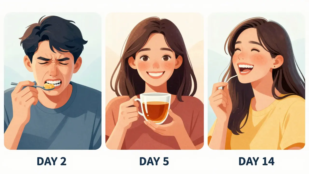 Ilustrace tří fází přizpůsobení rovnátků: bolest, přizpůsobení, volnost.