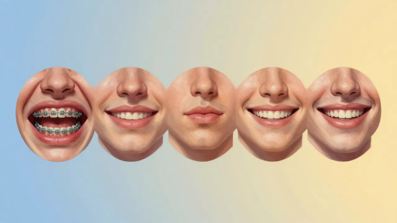 Konceptuální obrázek úst přecházejících od bolesti k pohodlí během sedmi dní.