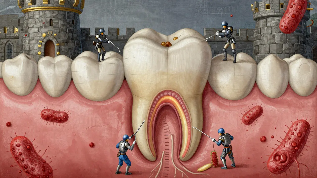 Konceptuální obrázek zubu jako pevnosti pod útokem bakterií.