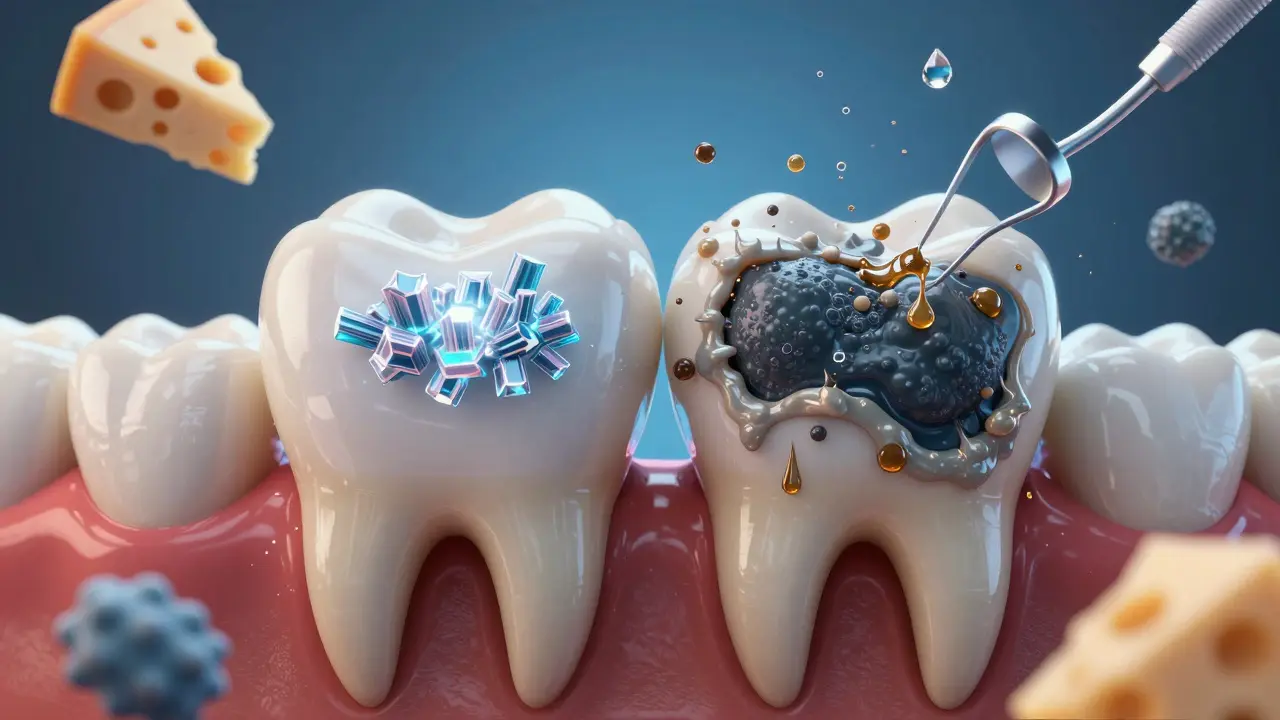 Konceptuální znázornění boje mezi zdravým emalem a bakteriemi v zubní mezeře.