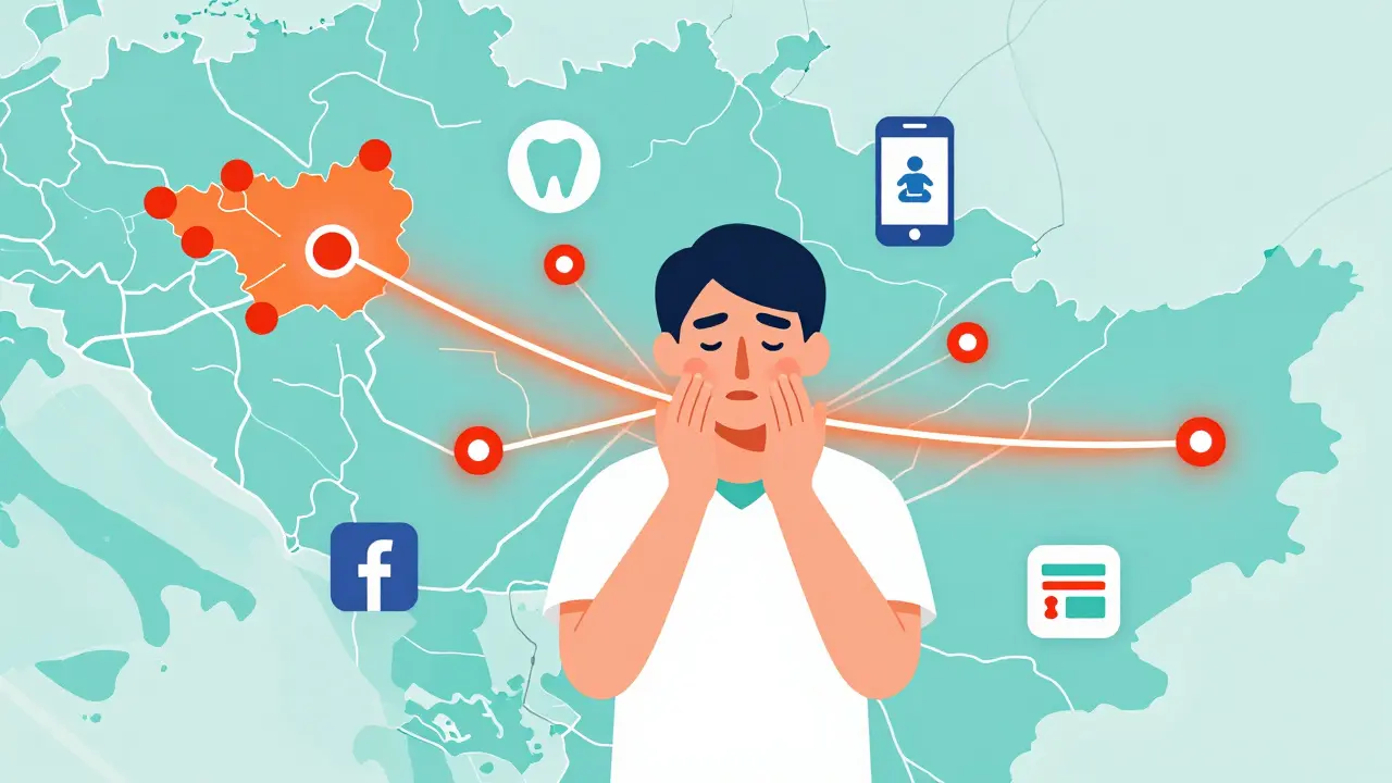 Mapa Prahy s červenými body označujícími zubní ordinace s nouzovými termíny a symboly pomoci.