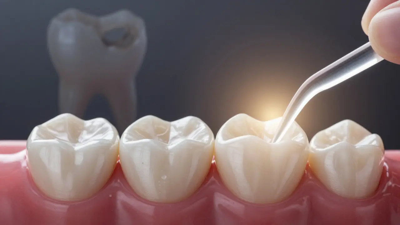 Mikroskopický pohled na plak na celokeramické fazetě a čistý zub s prevencí.