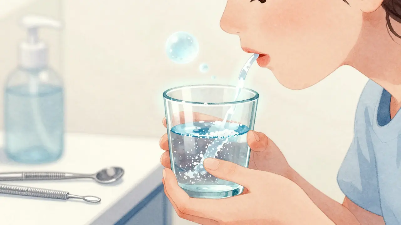 Osoba pláchnoucí ústa teplou solnou vodou, ruka drží sklenici s rozpuštěnou solí.