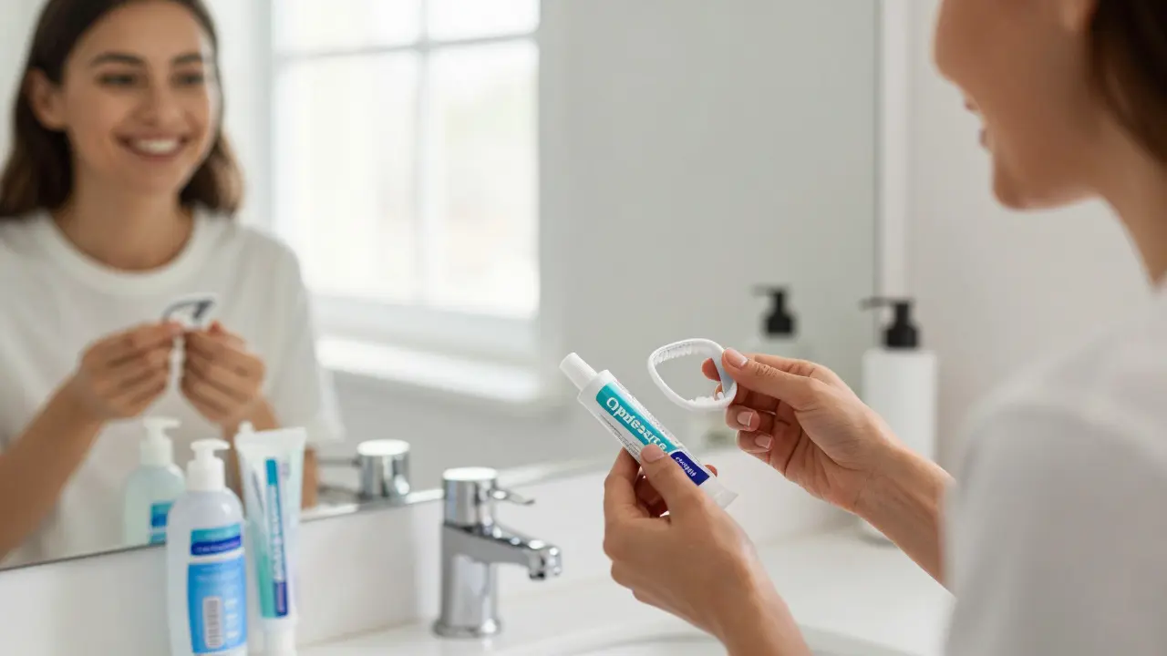 Osoba se usmívá do zrcadla po bělení zubů Opalescence, na stole šablona a gel.