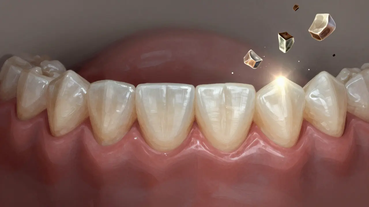 Porovnání staré metalokeramické korunky s moderní keramickou korunkou, která se sléva s přirozenými zuby.