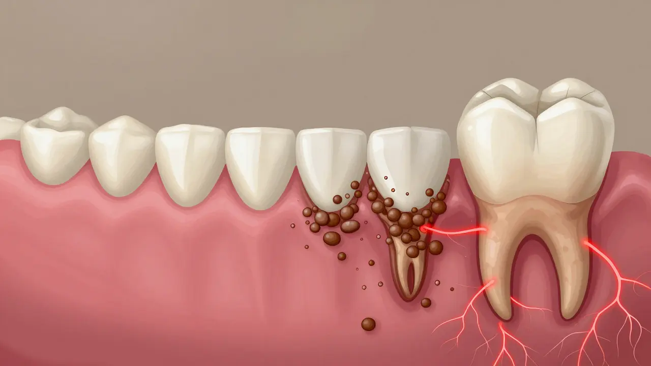 Postupné poškozování dásní a kosti zubním kamenem s bakteriální infekcí.