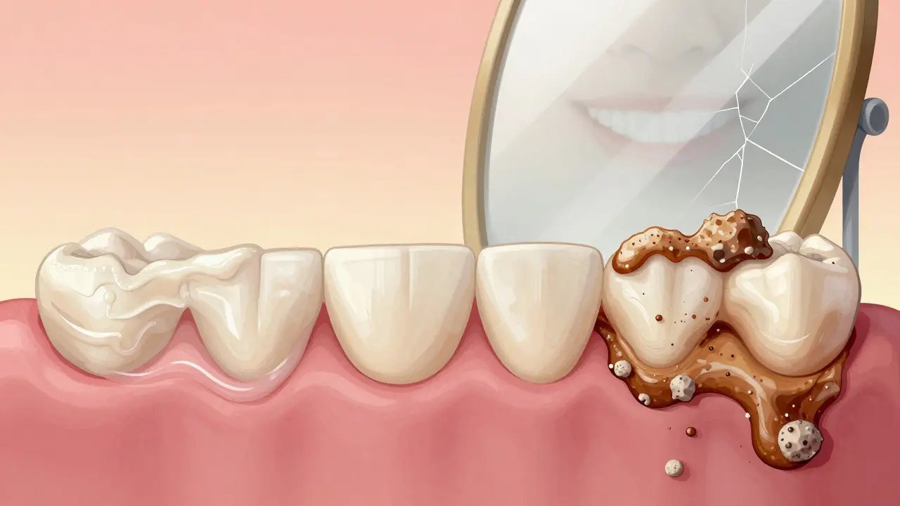 Postupné ztuhnutí zubního plaku na zubech a přeměna v zubní kámen.