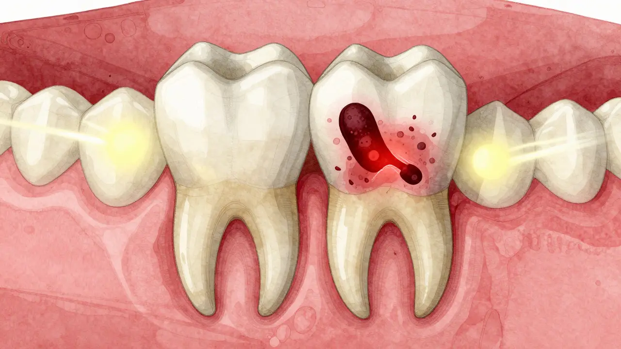 Přehled čelisti s zakrytými osmičkami tlačícími na sousední zub, s viditelnou infekcí.