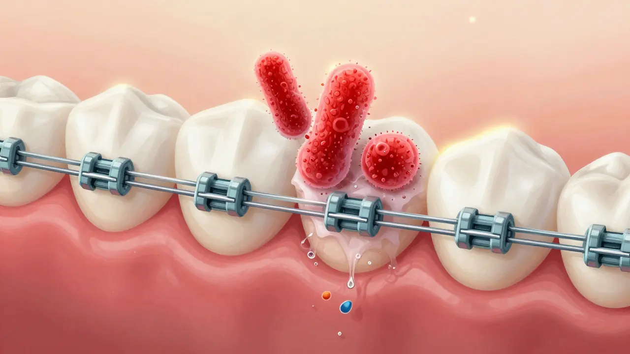 Příčný řez zubu s bakteriemi a kyselinou, které ničí sklovinu pod rovnátky.
