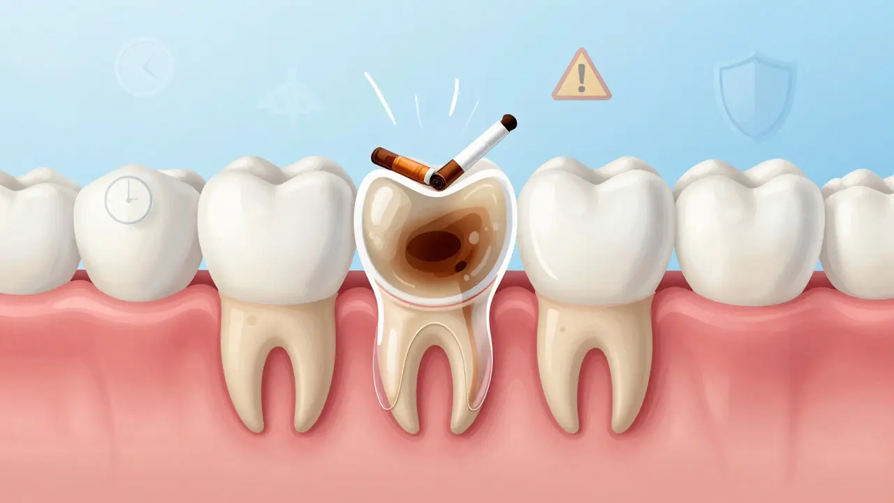 Průřez zubu s gelovým bělícím procesem a symboly rizik a ochrany.