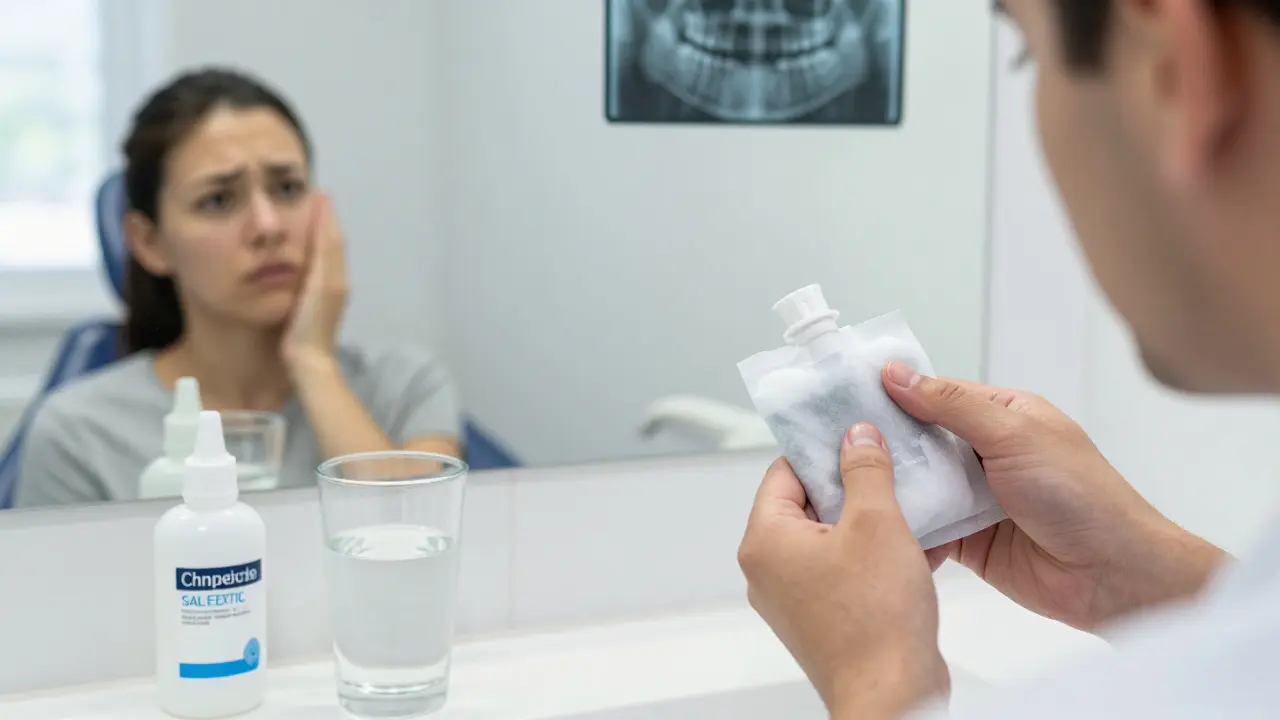 Ruce s ledem a ústní vodou na koupelnové stolce, v zrcadle viditelná bolest.