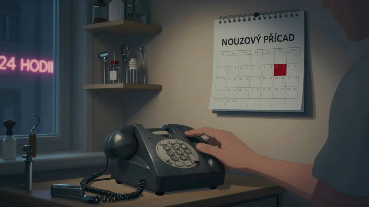 Ruka volá na telefon v zubní ordinaci v noci, na zdi je kalendář s označeným nouzovým termínem.