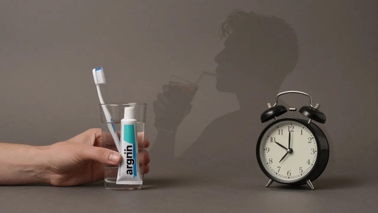 Sklo vody, kartáček a pasty vedle hodin, symbolizující správnou péči o zuby.