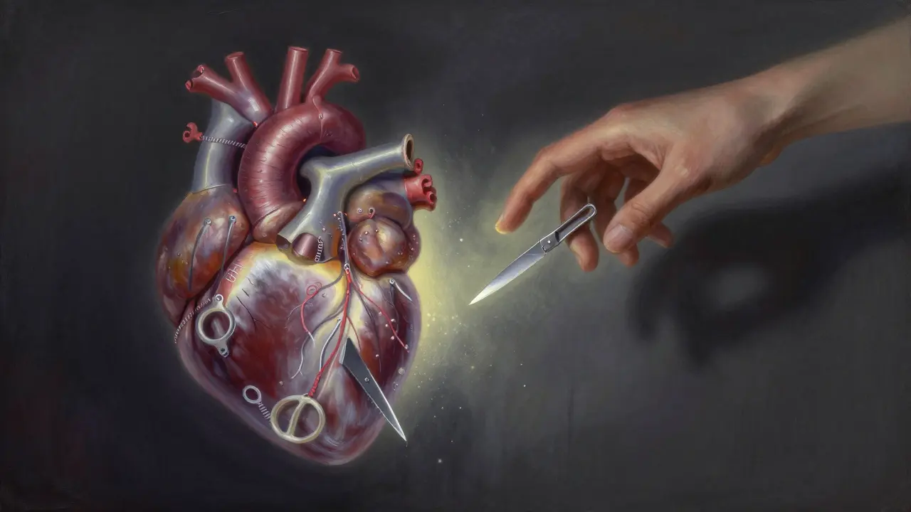 Srdce složené z chirurgických nástrojů se mění v světelné částice, ruka je chytá.