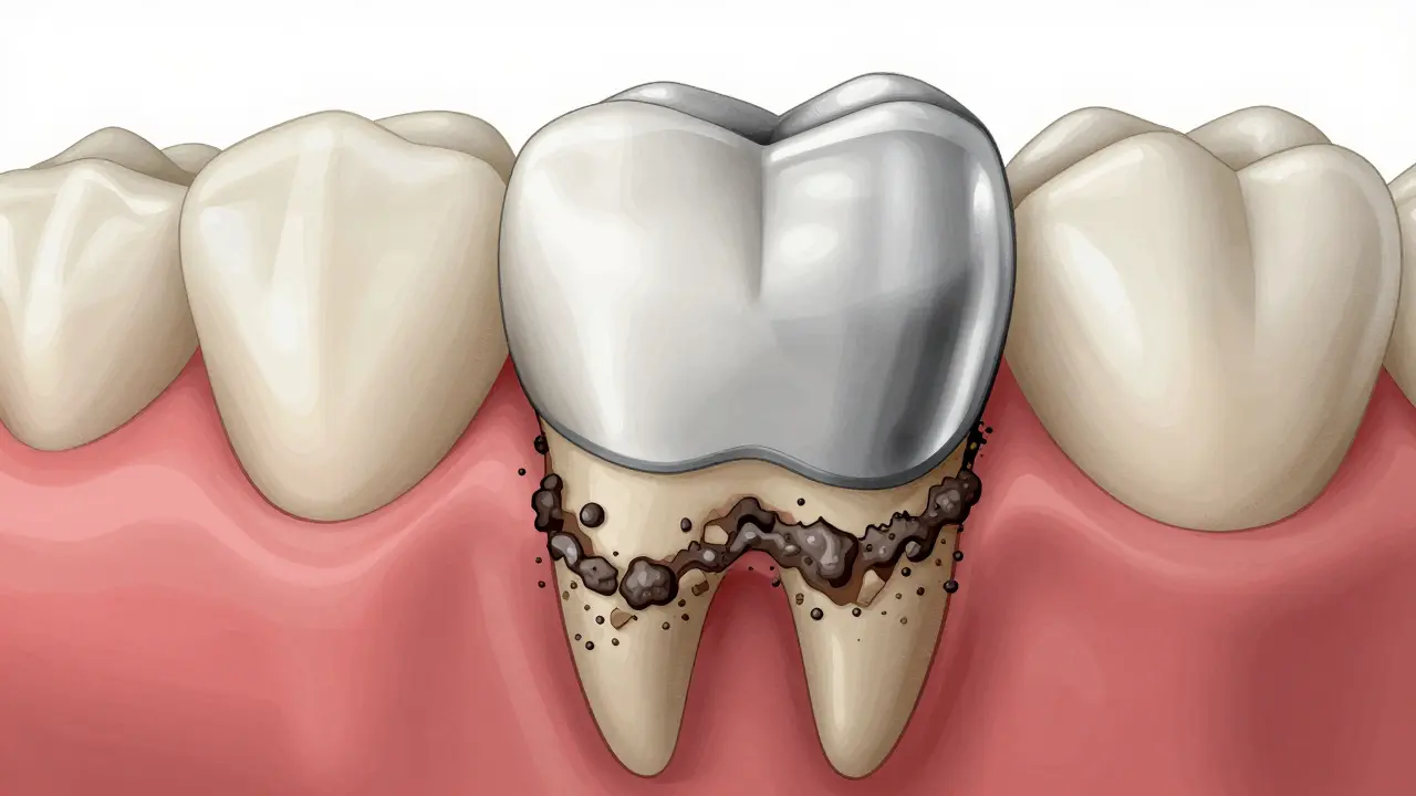 Stříbrná plomba uprostřed zubu, vedle ní hrubý zubní kámen u dásní.