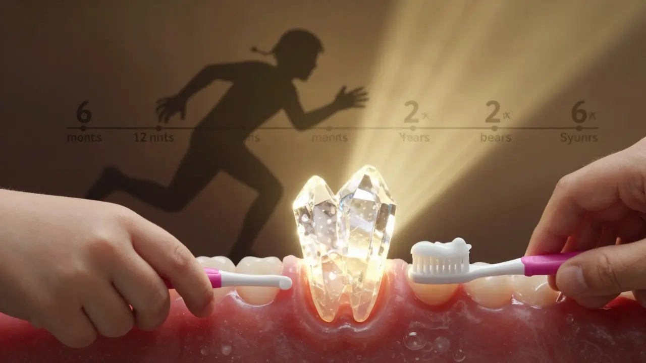 Symbolický obraz prvního zubu chráněného kartáčkem a fluoridem, kde karies ustupuje.