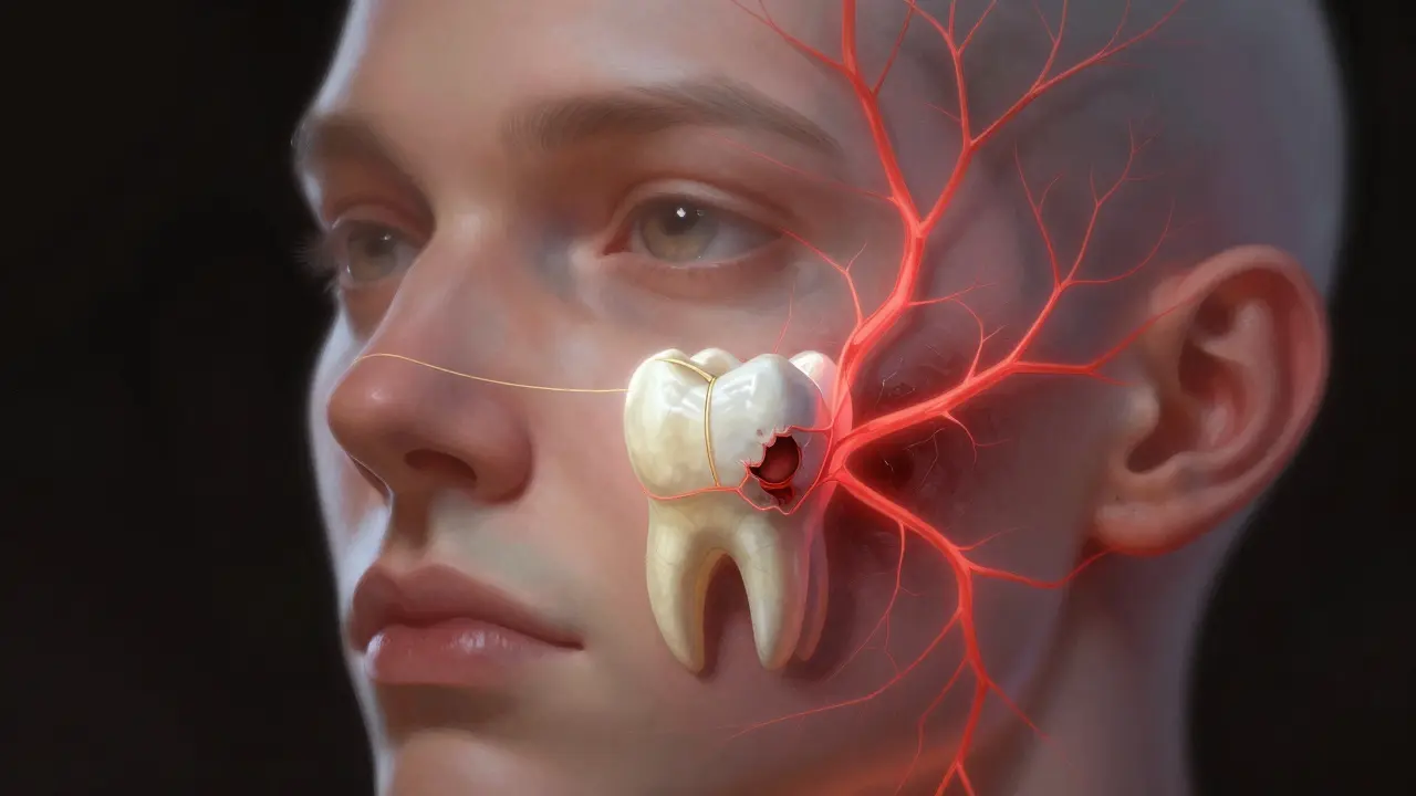 Transparenční obličej s červenými žilami šířícími se z poškozeného zubu k čelu.