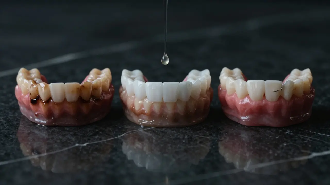 Tři typy zubů: znečištěné, bělé a poškozené od příliš častého bělení.