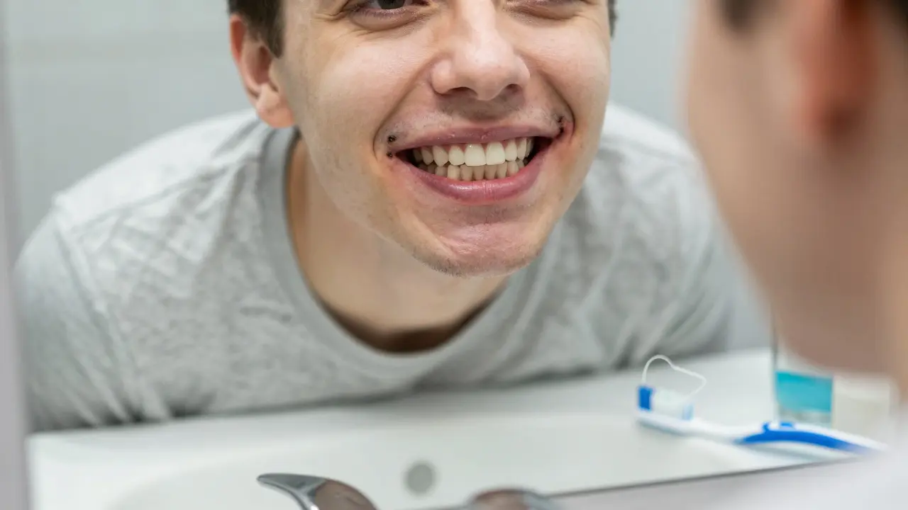 Úsměv s viditelným zubním kamenem a odtaženými dásněmi v zrcadle.