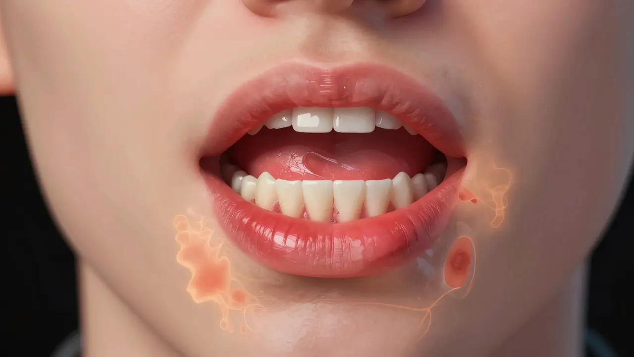 Zánětlivě zčervenalé dásně odstupující od velkých zubů.