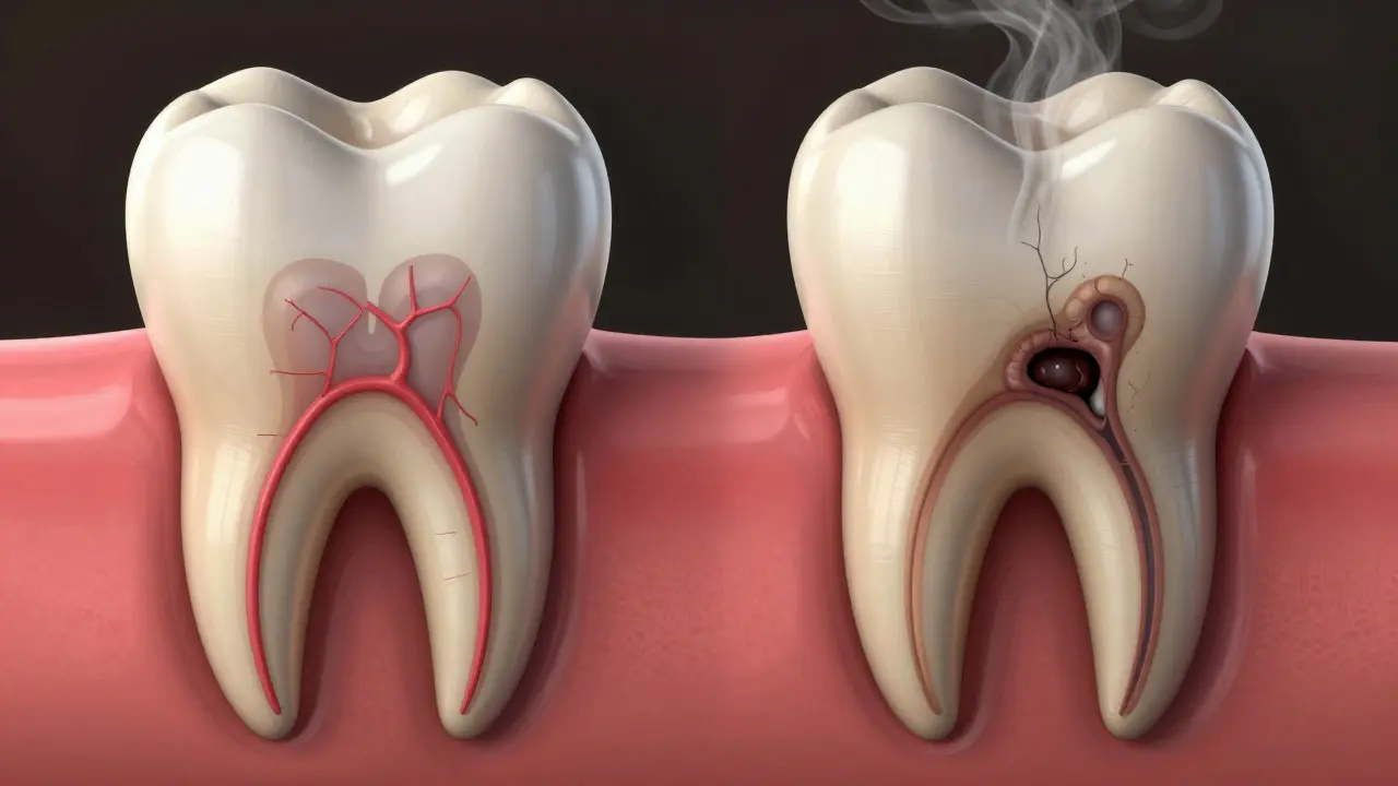 Zdravý zub v porovnání s infikovaným zubem s viditelnou infekcí v kořeni.