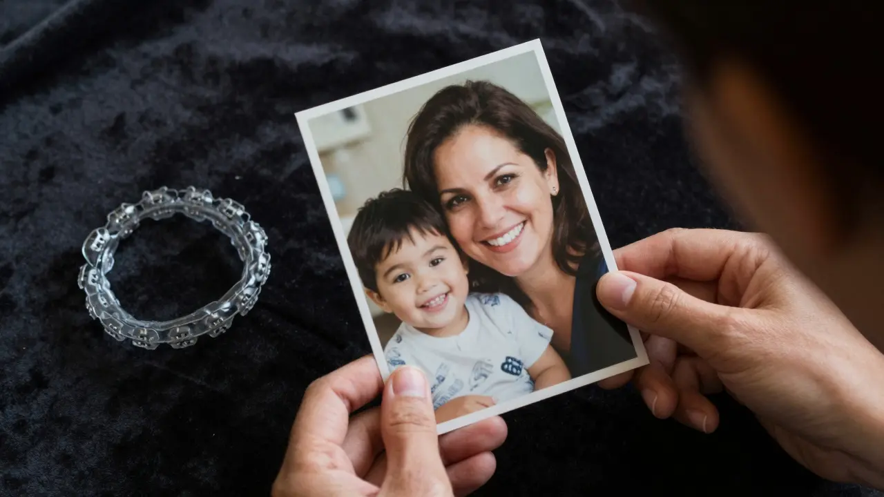 Žena drží fotografii s vnukem, vedle ní leží odstraněná rovnátka.