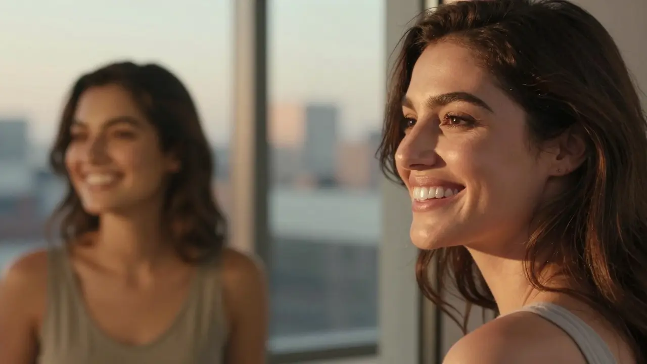 Žena se usmívá do zrcadla, její keramické zuby září v záři večerního světla.