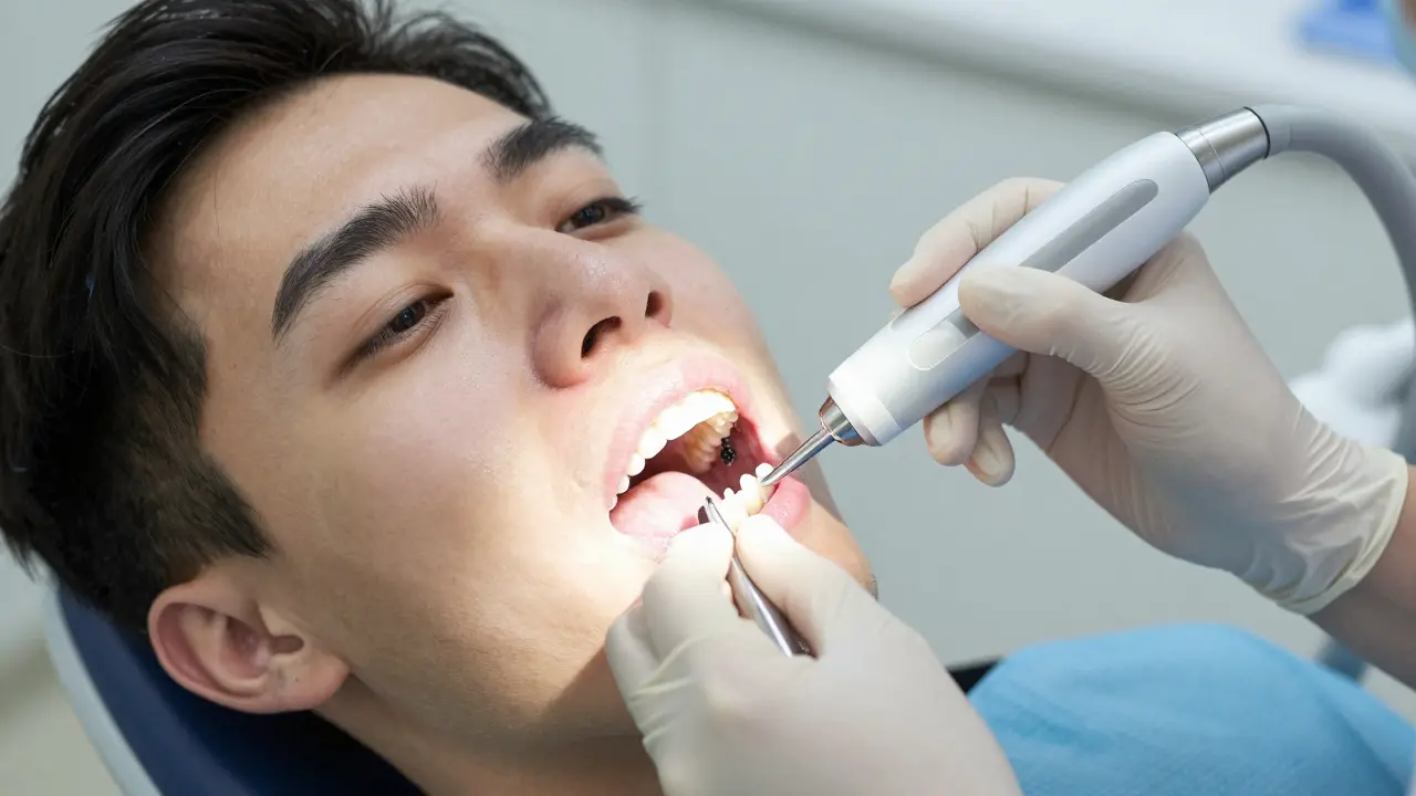 Zubní hygienistka odstraňuje kámen ultrazvukovým přístrojem v klinice.