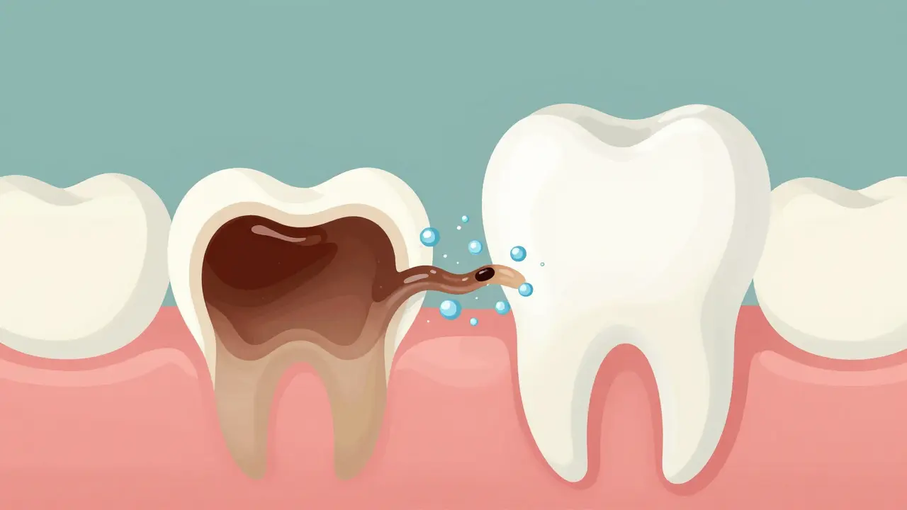 Zvětšený průřez zubu ukazující, jak gel rozkládá pigmenty uvnitř skloviny.