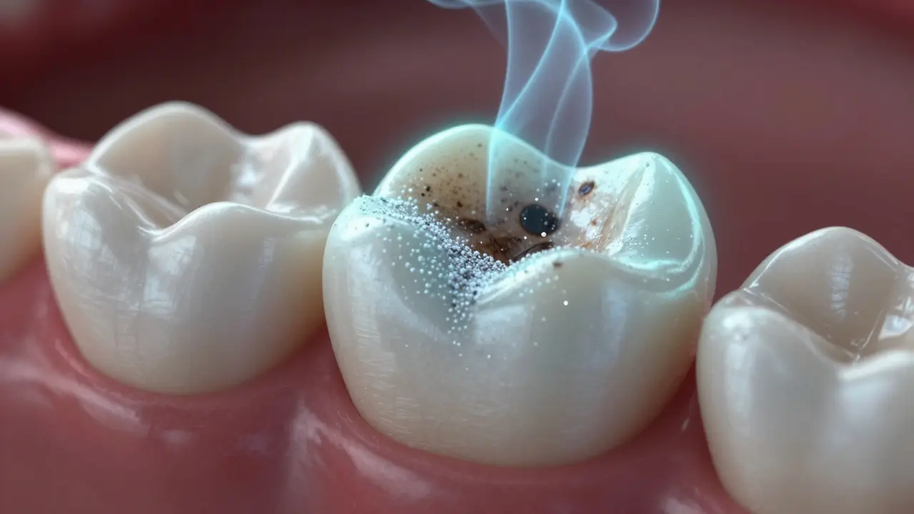 Zvětšený zub s obnovou skloviny a odpuštěním barviv a kyselin.