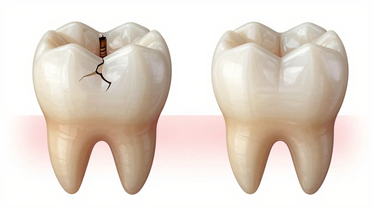 Before and after comparison of a decayed tooth restored with a natural-colored filling.